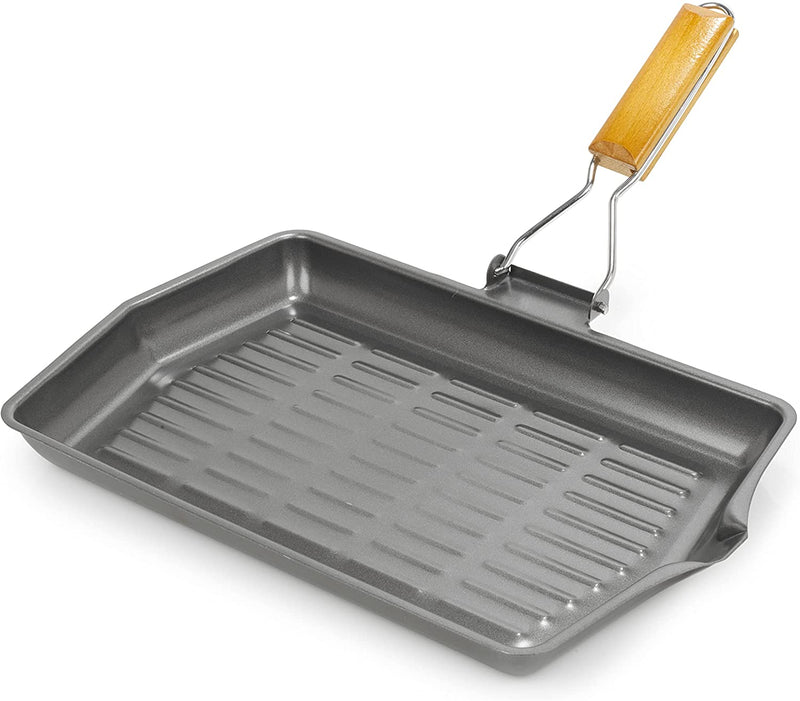 Homiu Griddle Pan Plate Carbon Steel Non-Stick Ridge Surfaces with Folding Handle for Stoves and Grills Large