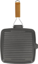 Homiu Griddle Pan Plate Carbon Steel Non-Stick Ridge Surfaces with Folding Handle for Stoves and Grills Square