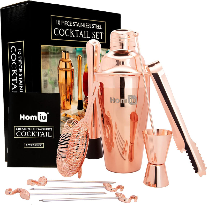 Homiu Rose Gold Cocktail Shaker Set, 10 Pack Copper Boston Shaker Stainless Mixer Set
