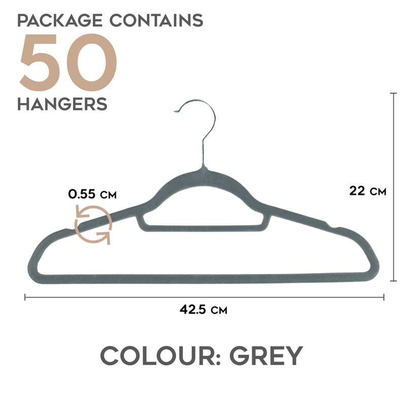 Flock Clothes Velvet Hangers, Pack of 50, Grey