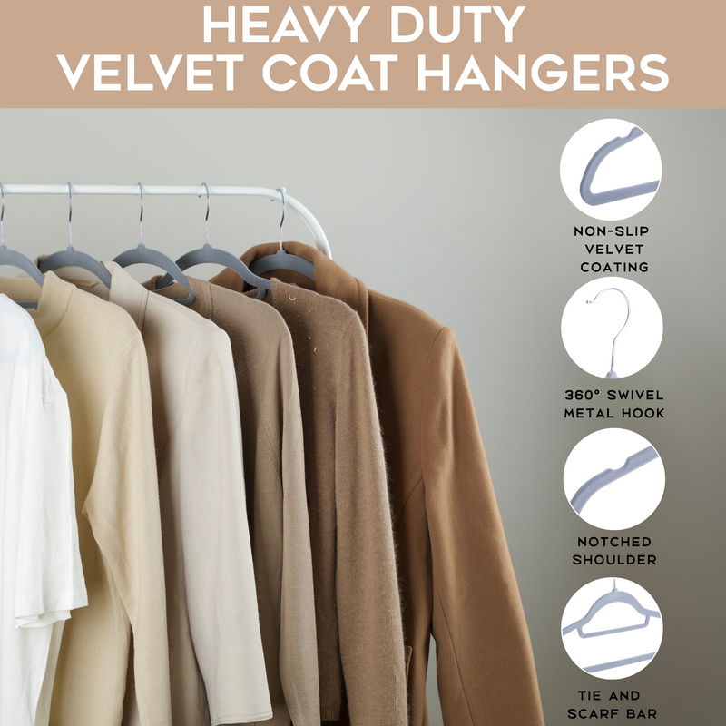 Flock Clothes Velvet Hangers, Pack of 50, Grey