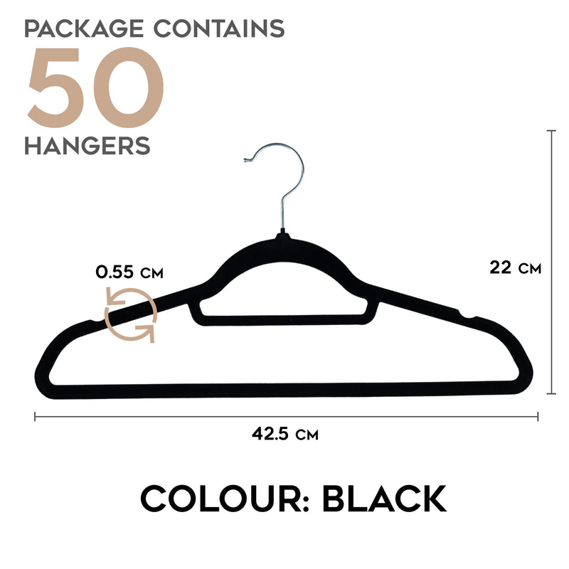 Flock Clothes Velvet Hangers, Pack of 50, Black