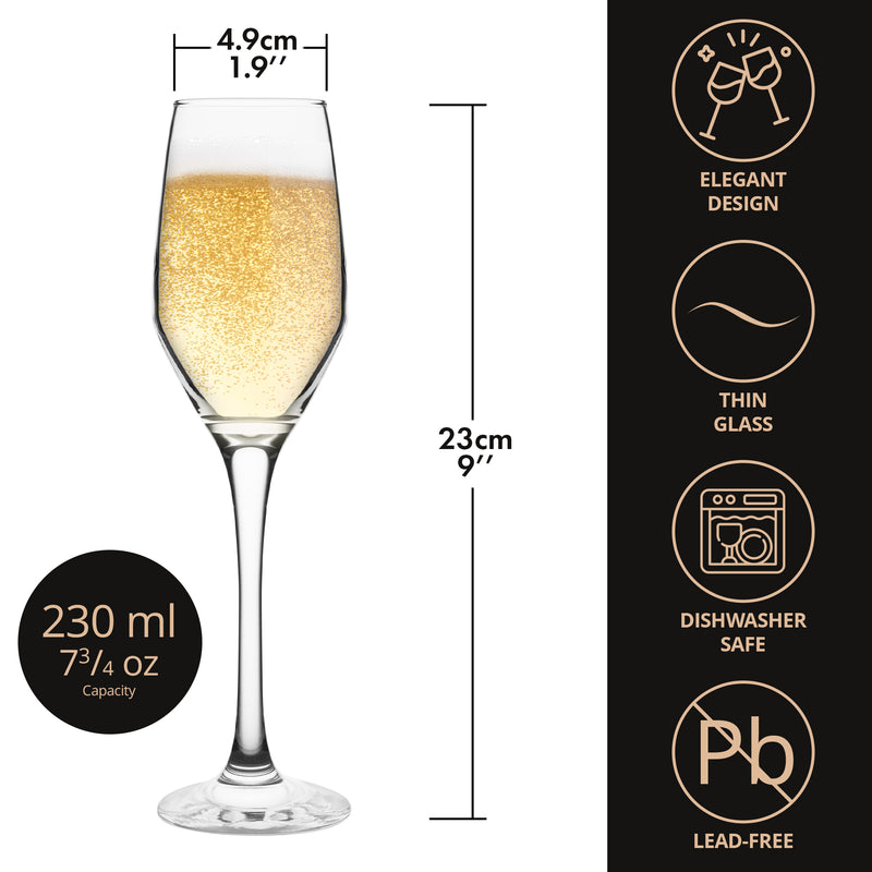 Glass Champagne Prosecco Flutes, Set of 6, 230 ML