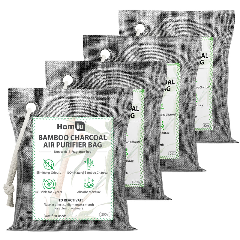 Homiu Bamboo Charcoal Air Purifying Bags – 4 Pack (200g) | Natural Odour Eliminator & Moisture Absorber