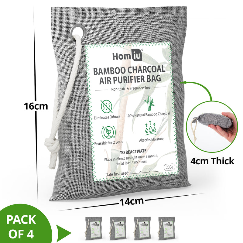 Homiu Bamboo Charcoal Air Purifying Bags – 4 Pack (200g) | Natural Odour Eliminator & Moisture Absorber