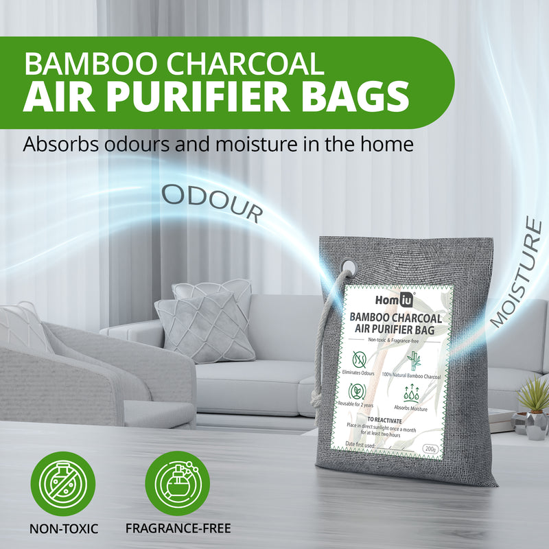 Homiu Bamboo Charcoal Air Purifying Bags – 4 Pack (200g) | Natural Odour Eliminator & Moisture Absorber