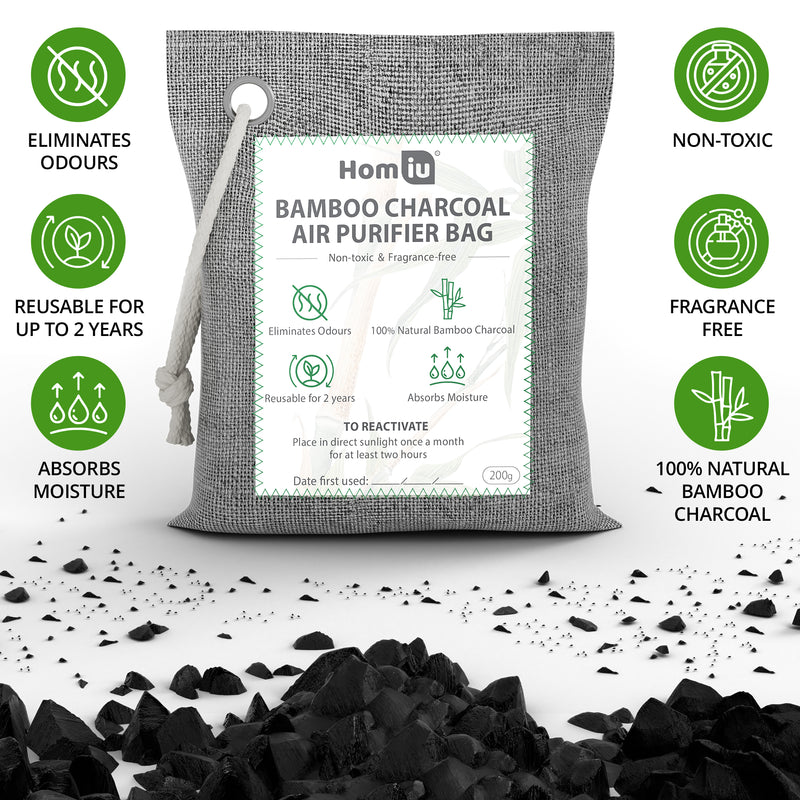 Homiu Bamboo Charcoal Air Purifying Bags – 4 Pack (200g) | Natural Odour Eliminator & Moisture Absorber