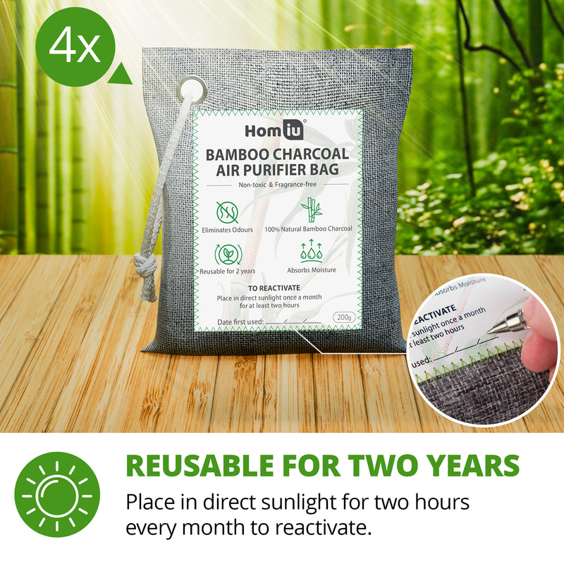 Homiu Bamboo Charcoal Air Purifying Bags – 4 Pack (200g) | Natural Odour Eliminator & Moisture Absorber