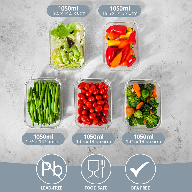 Homiu 5 Pack Glass Meal Prep Containers – Airtight & Oven Safe
