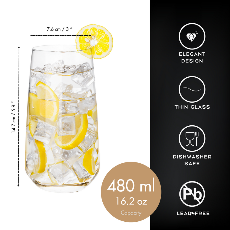 Homiu Highball Drinking Tumbler Glasses | Set of 6 | 480 ML | Crystal Glasses | Highball Glasses | Drinking Glassware | Florence Collection | Dishwasher Safe