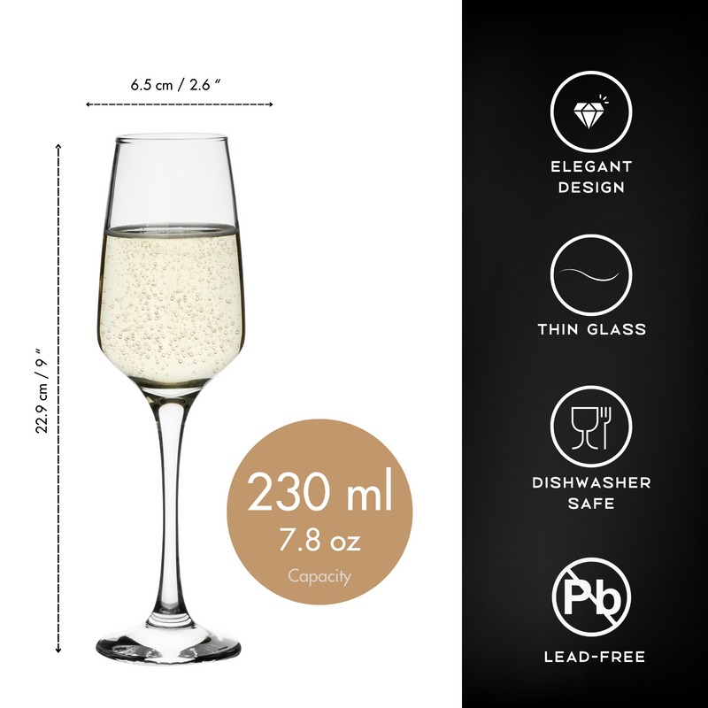Homiu Crystal Champagne Prosecco Flutes | Set of 6 | 230ml | Decorative Wedding Wine Glasses Gift Box Cocktail | 100% Lead-Free | Perfect for Home, Restaurants & Kitchen | Dishwasher Safe