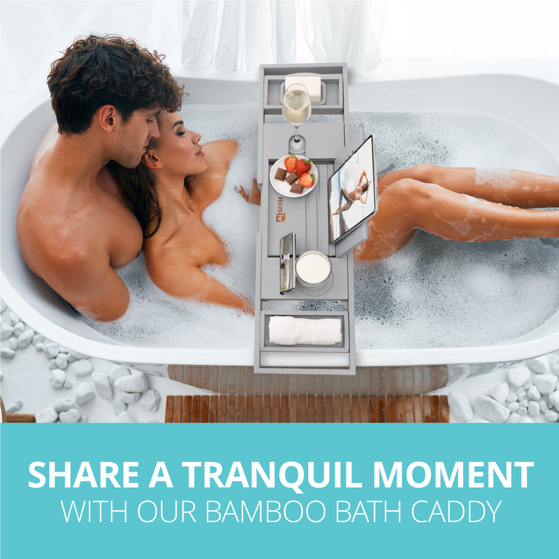 Ohuhu Expandable Bamboo Bathtub Tray - Foldable Bath Caddy With Phone & Wine Holder