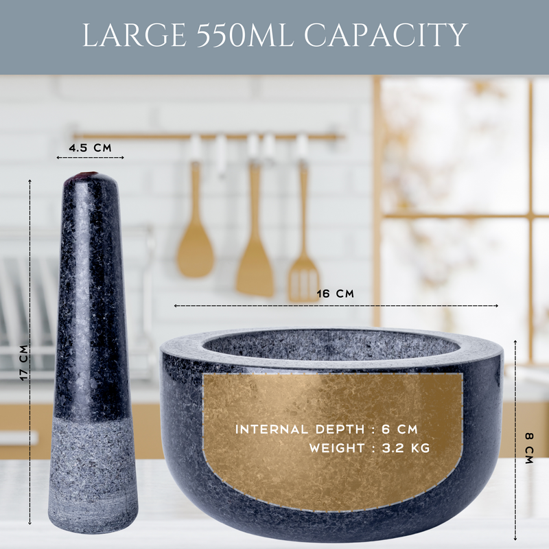 Homiu Granite Pestle and Mortar, Premium Natural Stone, Large 16 Centimetres Diameter