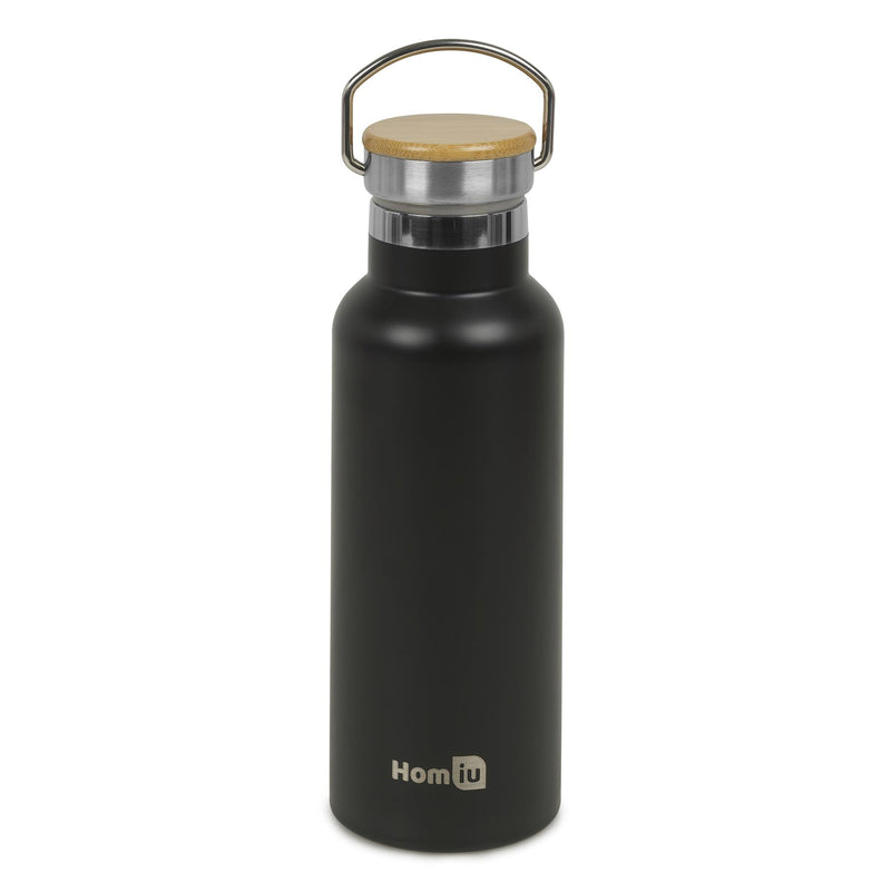 Homiu Water Bottle with Carrying Handle Insulated Double Walled Hot or Cold Stainless Steel Vacuum Flask Reusable (Black, 500 ml)