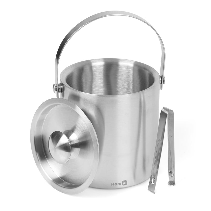 Homiu Ice Bucket with lid and Tongs Stainless Steel Double Wall 1.5 Or 2 Litre Container Cube Thick Pail with Tweezers