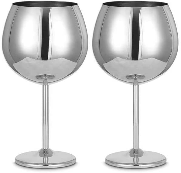 Homiu Stainless Steel Gin Glass 700ml 2 Pack, Silver, Round Glasses Set