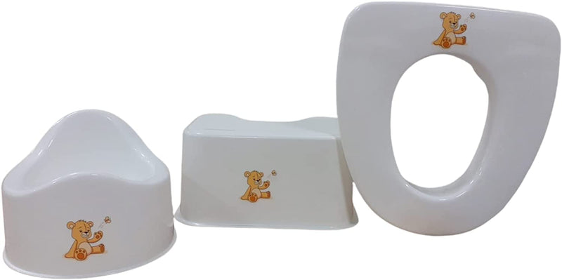 Toilet Training Set Teddy Bear Design Potty Toilet Seat & Step Stool White 3 Piece Made in Great Britain