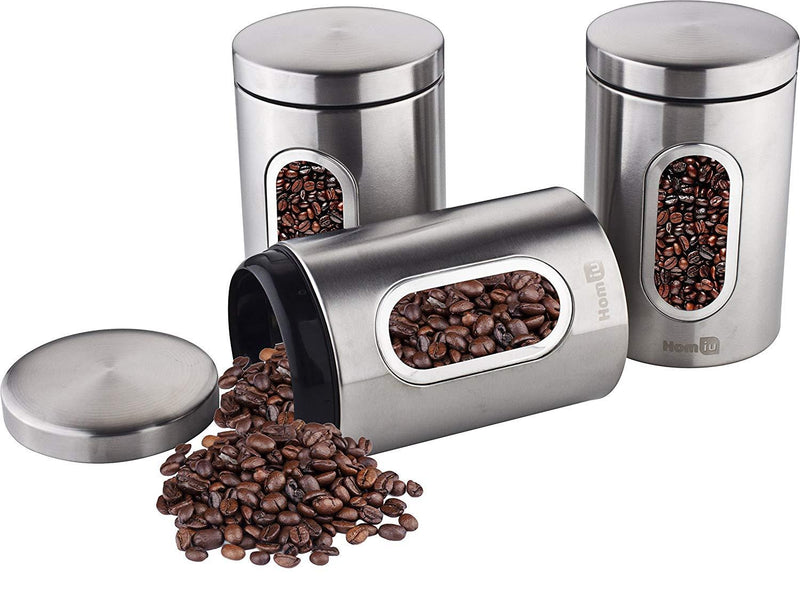 Homiu Tea Coffee Sugar Canisters | Stainless Steel Set of 3 | Secure Airtight Lids & Viewing Window