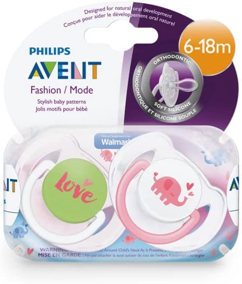 Philips Avent Classic Pacifier 6-18m, 2 Pack Baby Soother, Infant Dummy (Pink/Green Elephant)