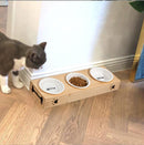 Homiu Bamboo Pet Feeding Station Dog with Set of 3 Porcelain Bowls Cats and Dogs Raised Eating, Dishwasher, Brown