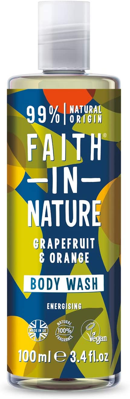 Faith In Nature 100ml Travel Size Grapefruit and Orange Body Wash, Invigorating, Vegan and Cruelty Free, No SLS or Parabens, For Normal to Dry Hair