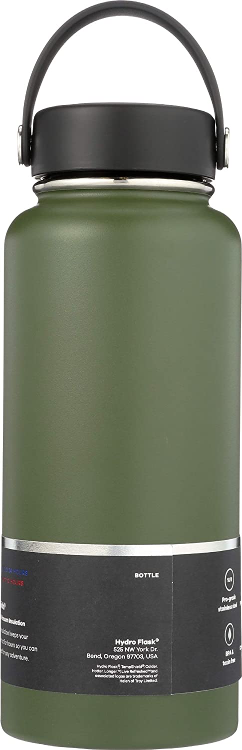 Hydro Flask Water Bottle 946 ml (32 oz), Stainless Steel & Vacuum Insulated, Wide Mouth with Leak Proof Flex Cap, Olive