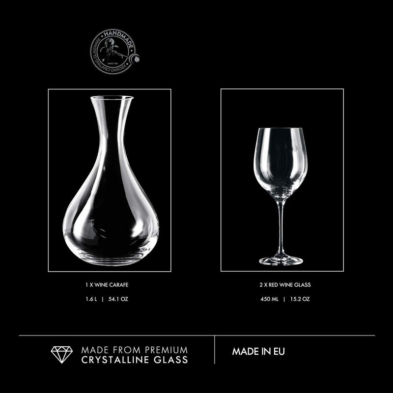 Krosno Red Wine Glasses Gift Set | 1.6L Decanter + 2 x 450 ML Glasses | Harmony Collection | Crystal Glass