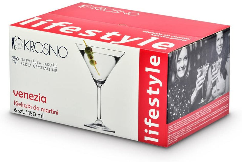 Krosno Glass Europe Non-Lead Crystal-Clear, Venezia Martini Cocktail, 150 ML, Pack of 6