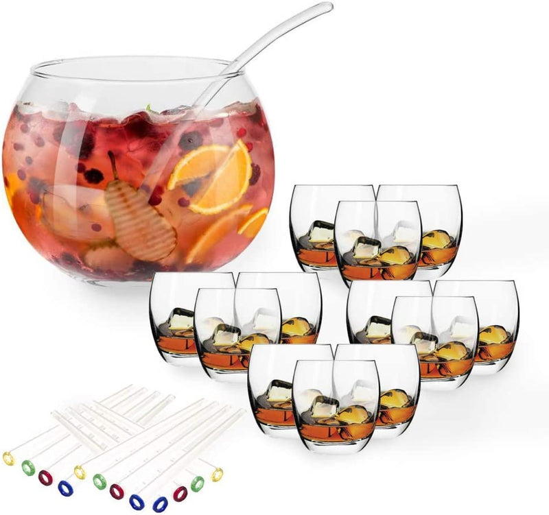Krosno Punch Bowl with Spoon Elite Collection 4L with 12 Glasses and 12 Glass Straws Set