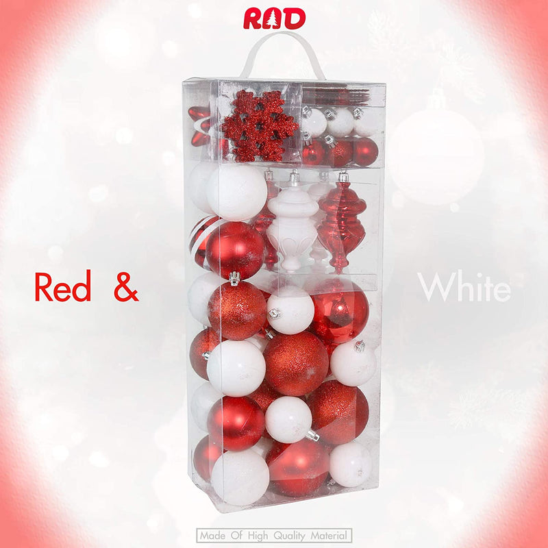 RN'D Christmas Snowflake Ball Ornaments - Christmas Hanging Snowflake and Ball Ornament Assortment Set with Hooks - 76 Ornaments and Hooks (Red & White)