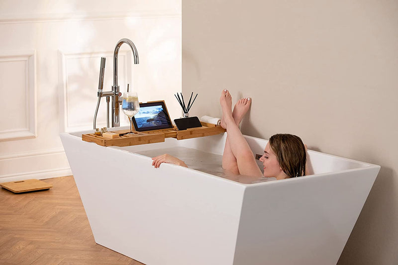 Homiu Bamboo Extendable Bath Caddy Premium Wooden Bathtub Tray