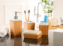 Homiu Bath Set 4 Piece Bamboo and Porcelain, Soap Dish, Toothbrush Holder, Tumbler, Liquid Soap/ Lotion Dispenser