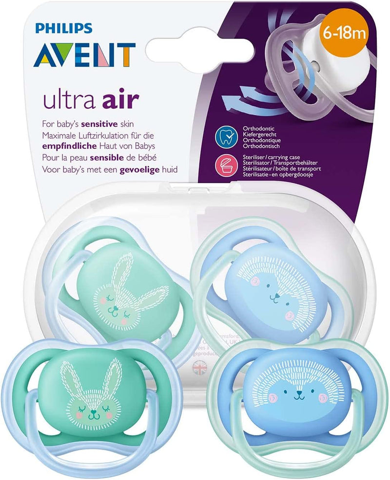 Philips Avent SCF344/22 Ultra Air Dummy 6-18 months, Breathable Orthodontic, BPA free, Double pack, Rabbit/Hedgehog