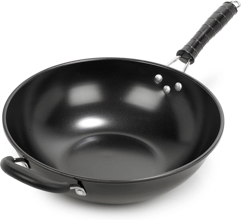 Homiu Wok Traditional 2-Handle Design Non-Stick Big Pan, Bakelite Handle and Carbon Steel Perfect for Stir Fry 30cm