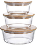 HOMIU 3PCE GLASS CONTAINERS WITH FLAT BAMBOO LIDS (Round Set)