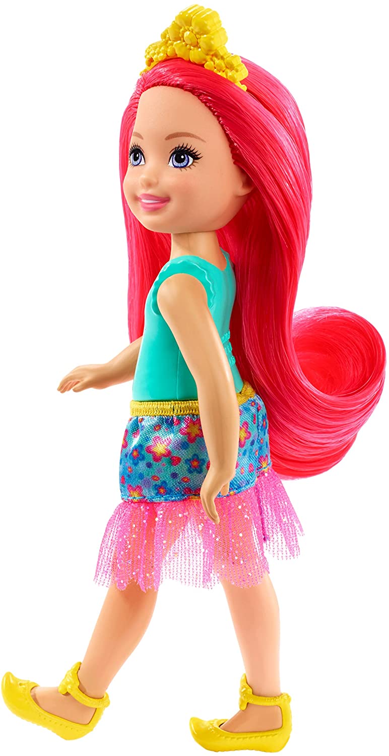Barbie Chelsea Fantasy Doll Flowers With red hair ,A yellow headpiece, Skirt with floral print