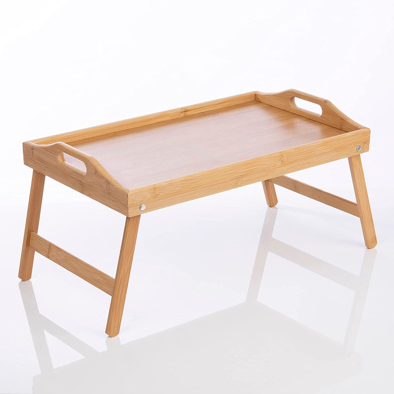 Bamboo Bed Table, Wooden Breakfast Tray with Foldable Legs and Comfortable Carry Handles