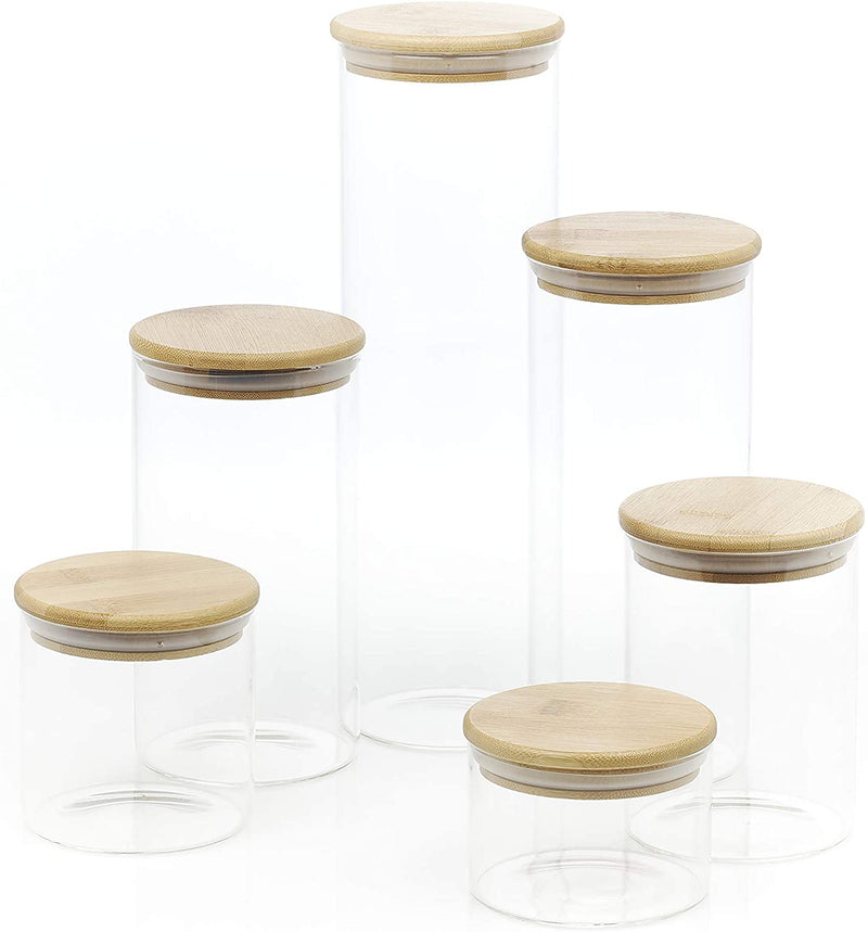 Homiu Food Storage Containers with Airtight Bamboo Lids Glass Set of 6 Jars