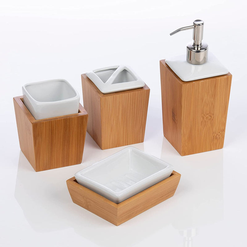 Homiu Bath Set 4 Piece Bamboo and Porcelain, Soap Dish, Toothbrush Holder, Tumbler, Liquid Soap/ Lotion Dispenser