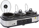 Homiu Triple Slow Cooker, 3 Individual Heat Pots, Easy Clean, Non Stick, Temperature Control 3 Settings Low Medium High 300W Power, Ceramic Silver
