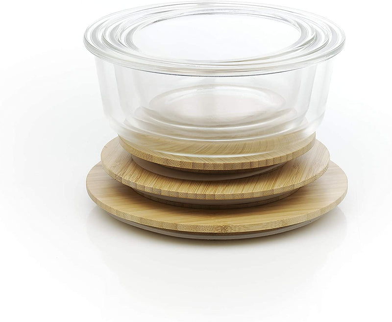 HOMIU 3PCE GLASS CONTAINERS WITH FLAT BAMBOO LIDS (Round Set)