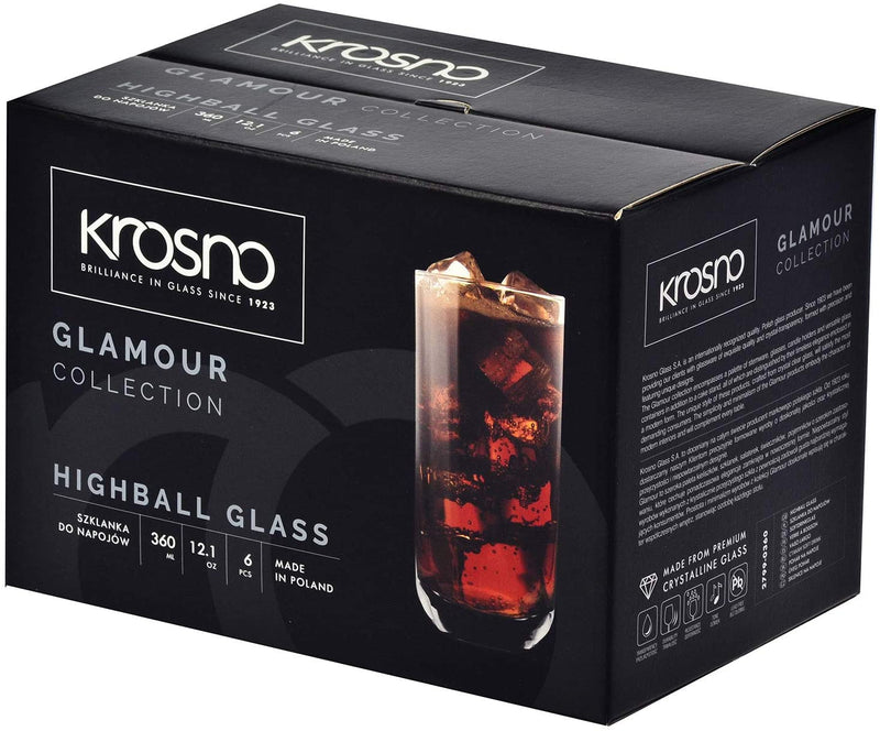 Krosno Long Tall Water Juice Drinking Glasses | Set of 6 | 360 ML | Glamour Collection