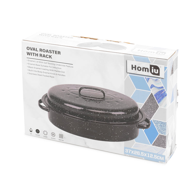 Homiu Enamel Self Basting Roasting Dish Pan Vitreous Roaster Oven Baking Pan Tin with Lid 37cm