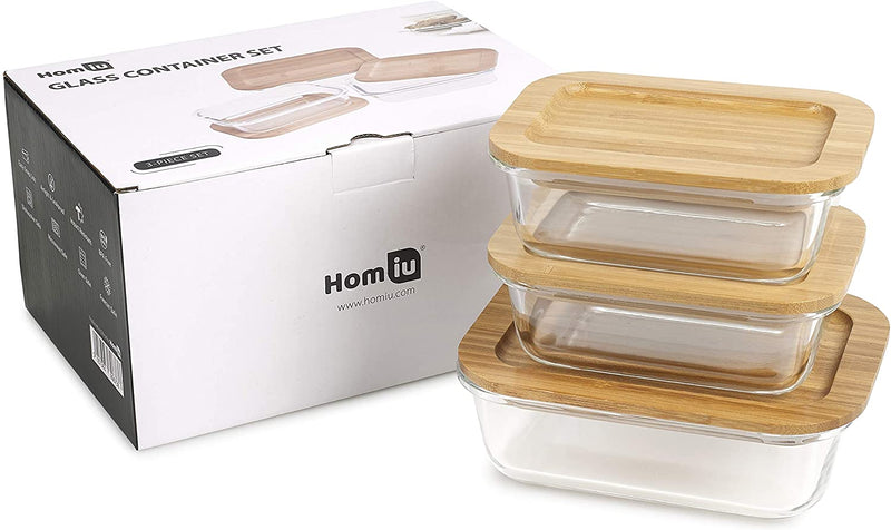 Homiu Glass Food Storage Container with Bamboo Lid Impact Resistant Airtight Leak-Proof Oven and Freezer Safe 3 Pack