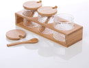 Homiu Spice Jar Set Round 3 Pack Clear Frosted Glass Pots with Bamboo Lids, Spoons and Stand