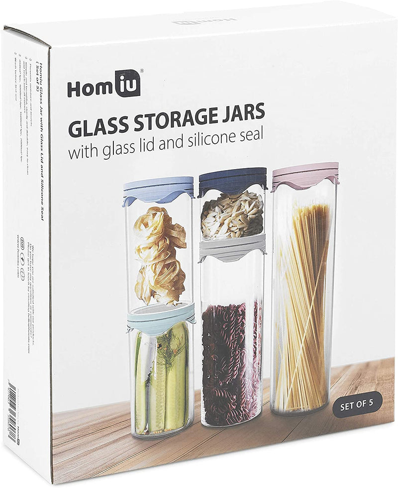 Homiu Airtight Glass Storage Jars with Silicon Lids 5 Pack, Ideal for Pasta Spice Coffee Tea and Dried Fruit