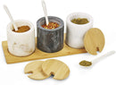 Homiu Spice Jar Set Round 3 Pack Black and Two White Marble Pots with Bamboo Lids Holder and Ceramic Spoons