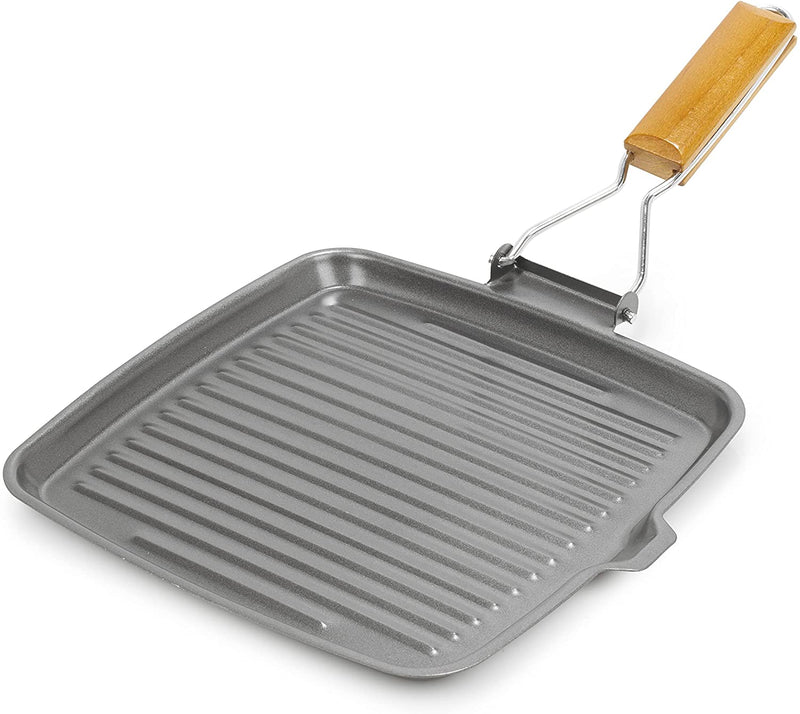 Homiu Griddle Pan Plate Carbon Steel Non-Stick Ridge Surfaces with Folding Handle for Stoves and Grills Square