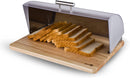 Homiu Roll Top Bread Bin Stainless Steel Elegant With Wooden Surface Silver Food