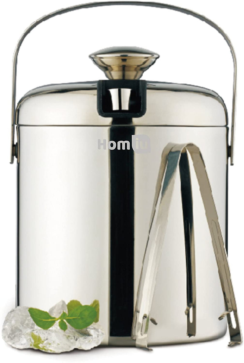 Homiu Ice Bucket with Lid and Tongs Stainless Steel Double Wall 1.5 Litre Container Cube Thick Pail with Tweezers